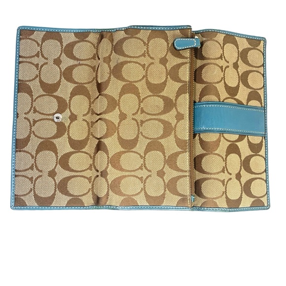 Coach Signature Canvas Checkbook Wallet Tan Brown Bleu Leather Trim - Picture 5 of 6